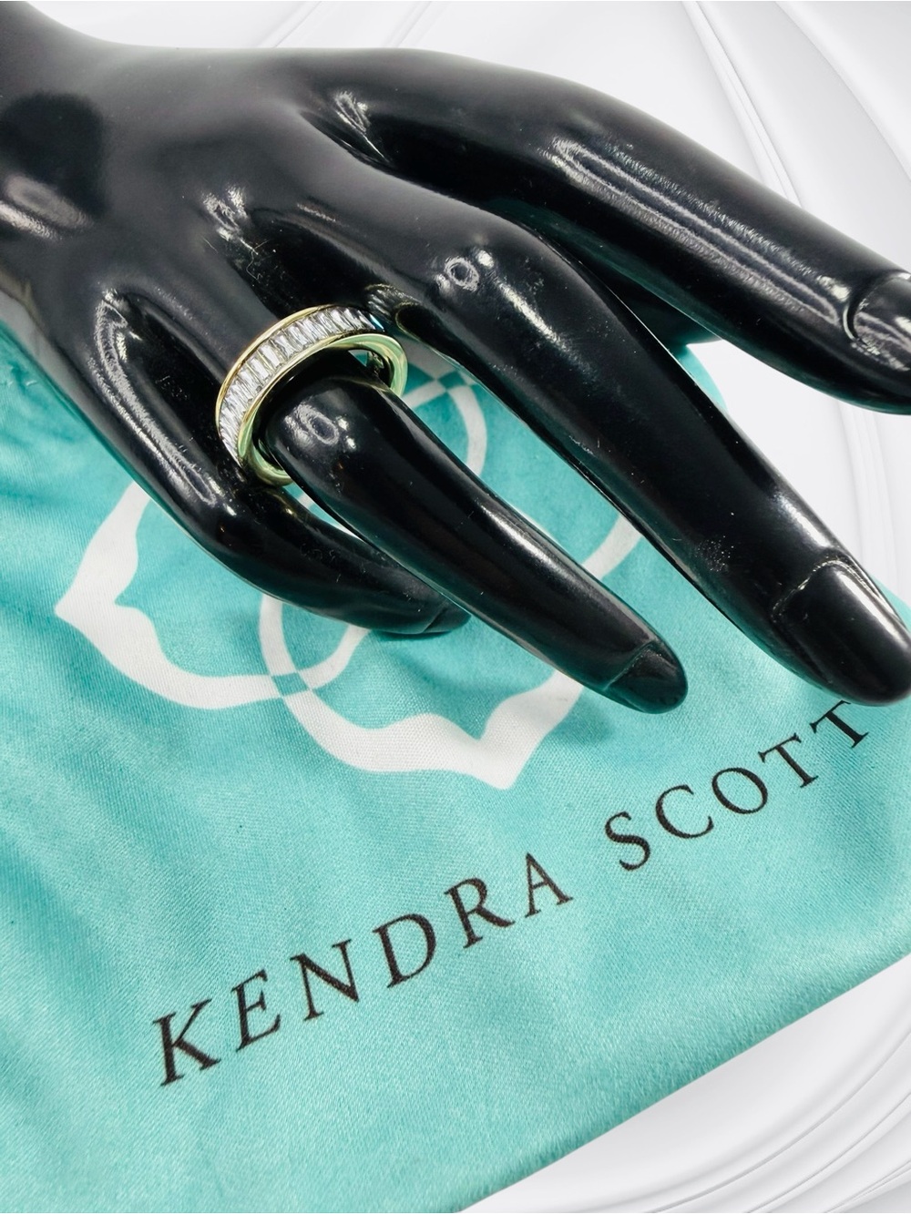 Kendra Scott Ring Jack Band Clear Emerald Crystals Size 6 Ladies Mens Gold Tone